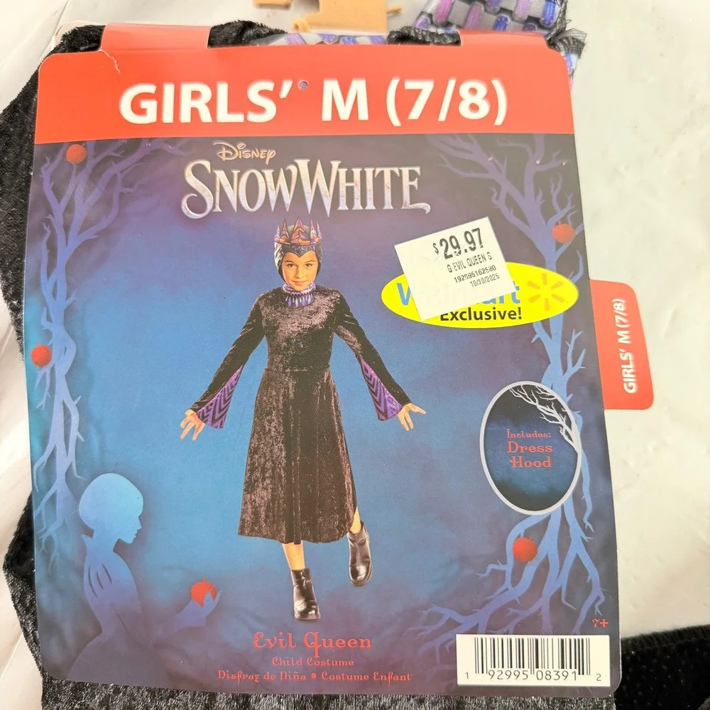 Disney Snow White Evil Queen Costume Girls Medium 7-8 Dress Hood Crown Set